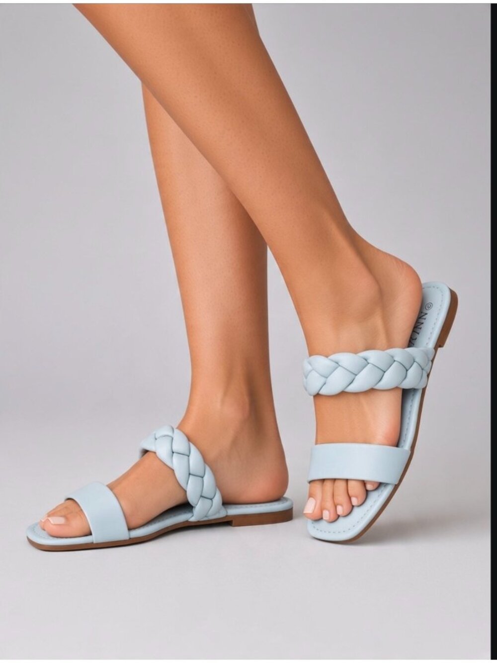 Light Blue Braided Double Strap Square Toe Flat Slide Sandals